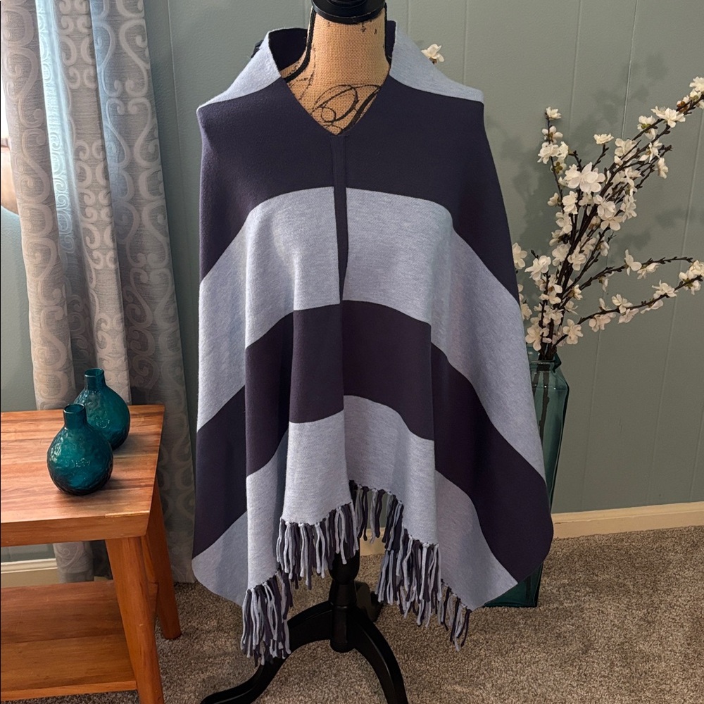 Charlie (Boutique) Reversible Navy/Navy and Light Blue Striped Heavy Knit Poncho